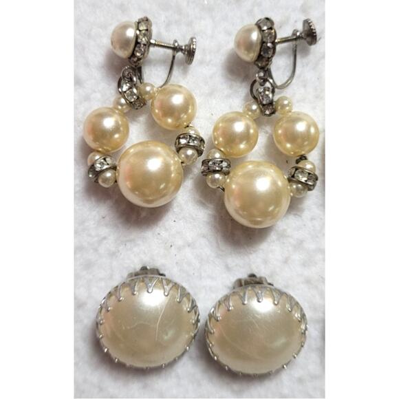 Vintage Clip On Screwback Earrings Lot 6 Pairs Faux Pearls Button Prong Set - Picture 2 of 4